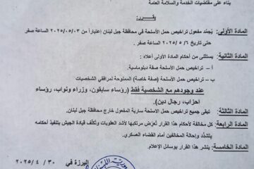 تجميد مفعول حمل الاسلحة في محافظة جبل لبنان